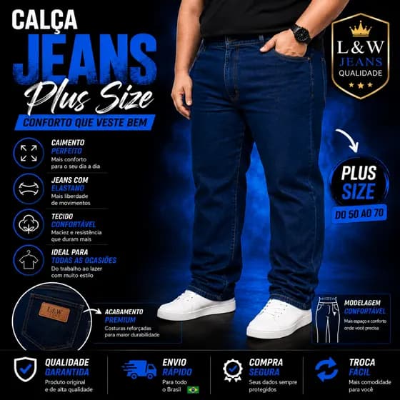 Calça Jeans Masculina Plus Size Com Elastano Idea Passeio & Trabalho