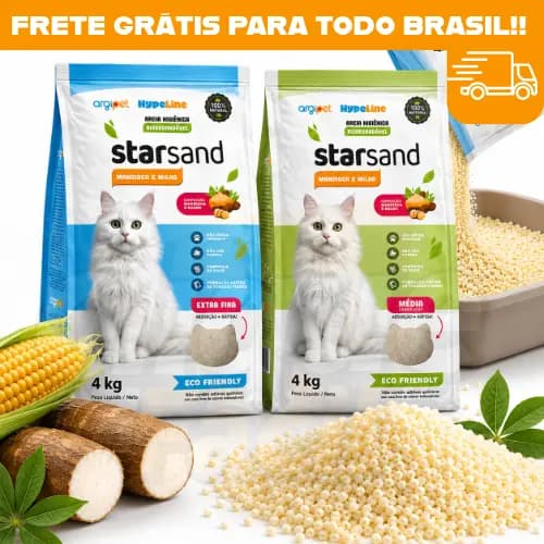 Areia Higiênica Mandioca e Milho Elimina Odores Forma Torrões Natural Eco-Friendly Extra Fina 4Kg