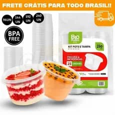 Potes Plásticos 250ml com Tampa Kit Atacado para Sobremesas Açaí Sorvete Bolo Marmita 96 a 240 Un