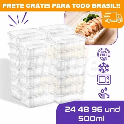 Marmitas Fit Pote Descartável Retangular Plástico Freezer Microondas com Tampas 500ml