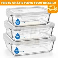 Kit 3 Potes Marmita Tampa com Trava Recipiente Retangular 370ml 640ml 1040ml Vai ao Forno Freezer