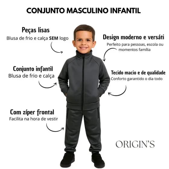 Conjunto Infantil Masculino Liso, Com Bolsos, Ziper Unisex Slim FitEm Promoção
