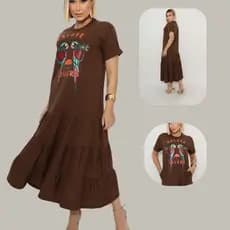 Vestido Feminino Longo 100% Algodão Com Estampa Casual Solto