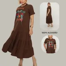 Vestido Feminino Longo Estampado Silk Screen Premium Malha 100% Algodão