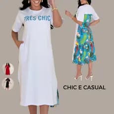 Vestido Feminino Moderno Longo 100% Algodão Casual Estampado Elegante