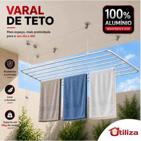 Varal de Teto Alumínio Vários Tamanhos C/ Parafusos Para Fixação