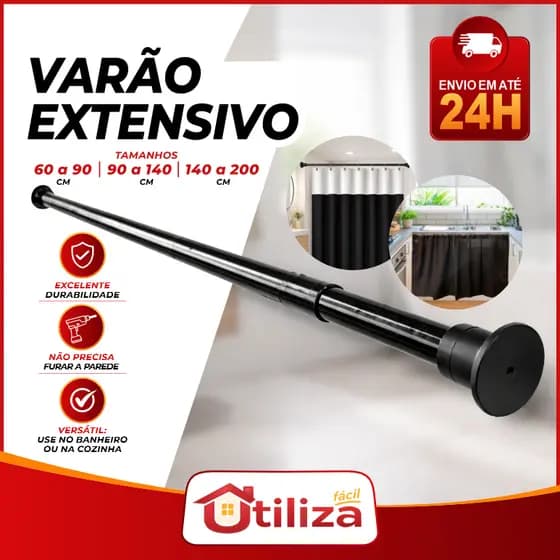 Varão Extensível Ajustável 60cm a 2m para Cortina, Box Banheiro e Suporte Cabides para Armario / Roupa - Cores Variadas