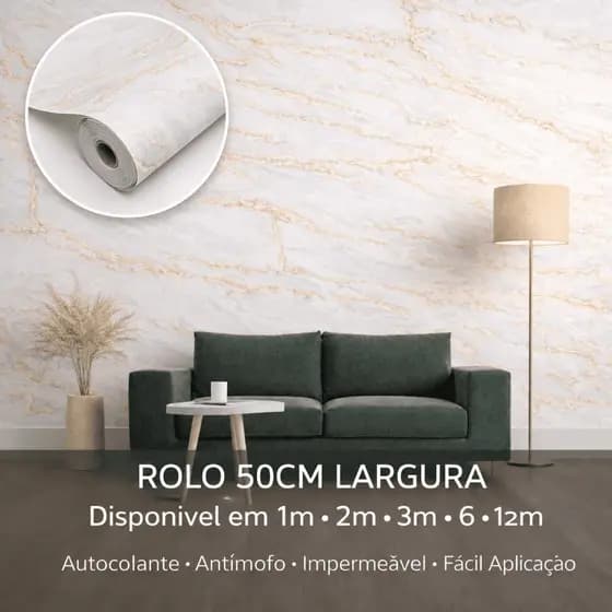 Papel de Parede Adesivo Mármore Branco Dourado Lavável Impermeável Cozinha Sala Quarto 50cm