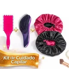 KIT 4 Itens Cabelo 2 Toucas de Cetim + Escova Mágica + Escova Fitagem Definição de Cachos