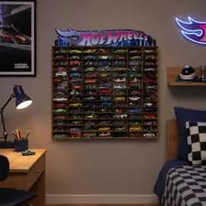 Porta Carrinhos Hot Wheels Enfeite Decorativo Madeira Mdf Adesivada Prateleira