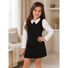 Vestido Infantil Feminino Elegante Manga Longa com Gola Outono Inverno Casual Menina