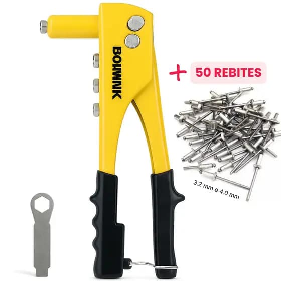 Rebitadeira Profissional Alicate Manual + 50 Rebites POP Com 4 Bicos Rebitador Rosca