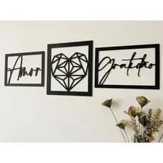 Kit 3 Quadros Decorativos Mosaico Trio Amor Gratidão Coração Frase Sala Quarto Presente MDF