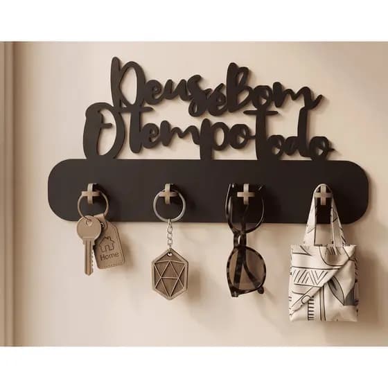 Porta Chaves de Parede em MDF 3mm Preto Deus é Bom o Tempo Todo Envio Imediato Decorativo Multiuso