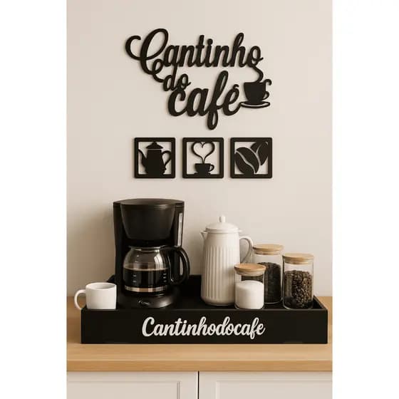 Kit Cantinho do Café em MDF Preto com Bandeja e Placas Decorativas aplique parede presente barato