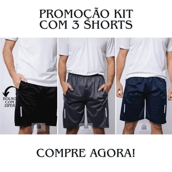 BERMUDA SHORT MASCULINA LISA COM REFLETIVO NAS PERNAS - KIT COM 3 BERMUDAS