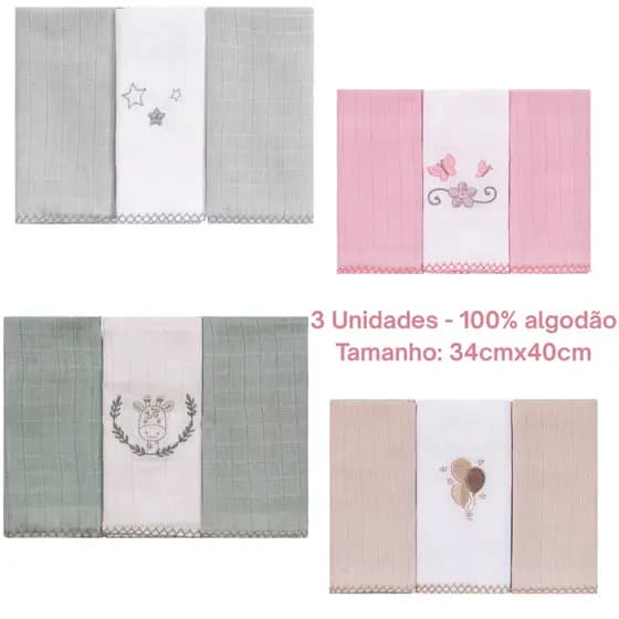 Kit 3 unidades Pano de Boca Bebe 100% Algodão 34cmx40cm Com Picueta