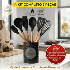 Kit Utensílios de Cozinha Silicone 7 Peças Premium Cabo Madeira Resistente ao Calor Não Risca Panela
