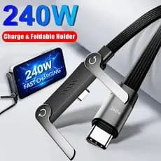 Cabo De Carregamento Dobrável Tipo C De Carga Super Rápida De 240 W Com Suporte 2 Em 1 Dados Universal Para Telefones Li