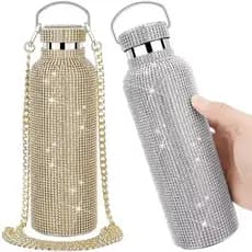 Garrafa De Água Térmica Com Strass , Aço Inoxidável , Glitter , Alça De Transporte , Corrente , Frasco De Vácuo Feminino