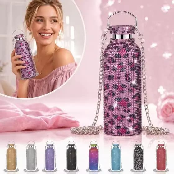 Copo Térmico Inox 500ML com Strass Brilhante, Copo Vacuum Leve Portátil com Corrente Removível e Detalhes Diamantados