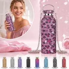 Copo Térmico Inox 500ML com Strass Brilhante, Copo Vacuum Leve Portátil com Corrente Removível e Detalhes Diamantados