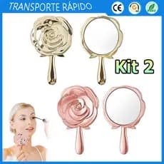 Kit 2 Espelho de maquiagem com padrão de rosa espelho de mão espelho de bolso espelho portátil de viagem