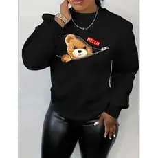 Moletom Feminino Plus Size Gola Careca Preto - "Hello Ursinho Ziper" Ref 1511-PT !