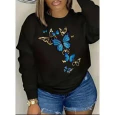Moletom Feminino Plus Size Gola Careca Preto - "Borboletas Azuis" Ref 1513-PT !