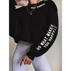 Moletom Feminino Plus Size Gola Careca Preto -  "You Happy" Ref 1517-PT !