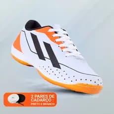 Chuteira de Futsal Unissex Branco Laranja Futebol Quadra Salão e Campo com Solado Costurado