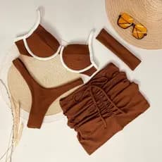 Kit Biquíni Marrom Meia Taça e Asa Delta Saida de Praia e Faixa Praia Duas cores 4 peças Forro Duplo