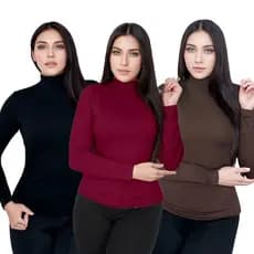 Kit 3 Blusa Feminina Segunda Pele Gola Alta Estilosa Manga Longa