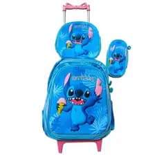 Kit Mochila Escolar STITCH com Rodinha + Lancheira térmica + Estojo em 3D