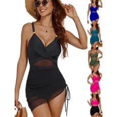 Novo Maiô Feminino - Costura Cruzada Malha Transparente, Cordão Lateral Ajustável, Conjunto Praia Multicor