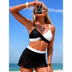 Bikini Feminino Conjunto-Decote V Cruzado Saia Malha, Bojo Ajustado Cintura Alta, Multicores Modelador, Esportivo Praia