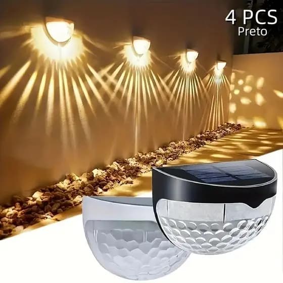 Kit 4 Arandela de Parede Energia Solar Branco Quente ou RGB Bateria Área Externa Fixa
