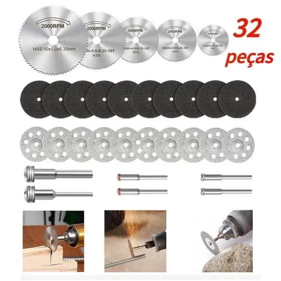 Kit 32 Peças Discos de Corte Multiuso - Diamante + HSS + Resina, 3mm Haste, para Metal, Madeira, Cerâmica e Vidro