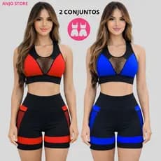 Kit 2 Conjuntos Femininos Fitness Academia Top e Short Cintura Alta com Bolso