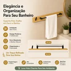 Suporte Toalha Banheiro Ferro E Bambu Clink 40cm Organizador Premium Sem Furos " Envio Imediato "