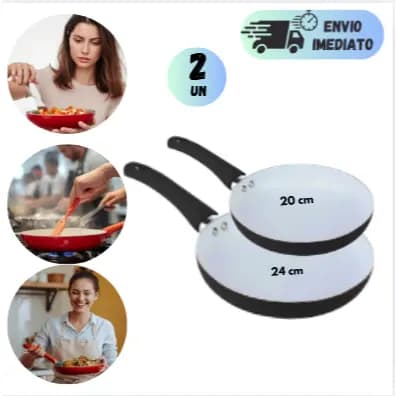 KIT 2 FRIGIDEIRAS CERÂMICA ANTIADERENTE 20 CM E 24 CM CABO SILICONE EVITA QUE OS ALIMENTOS GRUDEM