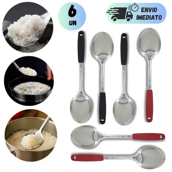 JOGO 2 A 6 COLHERES DE SERVIR INOX GRANDE PARA ARROZ MULTIUSO COM CABO COZINHAS RESTAURANTES UTENSILIO