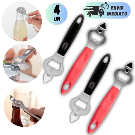 KIT ABRIDOR DE LATA E GARRAFA PROFISSIONAL EM AÇO INOXIDAVEL COM CABO PLASTICO PARA BAR RESTAURANTE