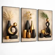Quadros Decorativos Trio Moderno Abstrato Vasos Preto Dourado Sala Quarto Luxo Arte Parede Elegante Decoração Premium 3D