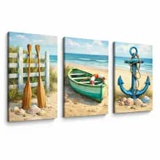 Kit 3 Peças Quadros Decorativos Marítimo Trio Praia Barco Âncora Azul