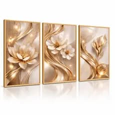 Kit Quadros Decorativos Floral Moderno Dourado 3 Peças Sala Quarto Luxo Parede MDF Alta Resolução Decoração 4K Premium