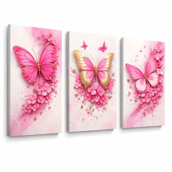 Kit 3 Peças Quadros Decorativos Borboletas Rosas Pink Luxo 3D para Sala Quarto Parede Moderna