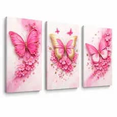 Kit 3 Peças Quadros Decorativos Borboletas Rosas Pink Luxo 3D para Sala Quarto Parede Moderna