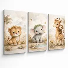 Kit Quadros Decorativos Infantil Safari Baby Animais Fofos 3 Peças Quarto Bebê Menino Menina Decoração Parede MDF 4K