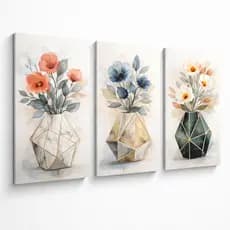 Quadro Decorativo Flores Moderno Kit 3 Peças Geométrico Vasos Floral Minimalista Sala Quarto Luxo Parede MDF Aquarela 4K